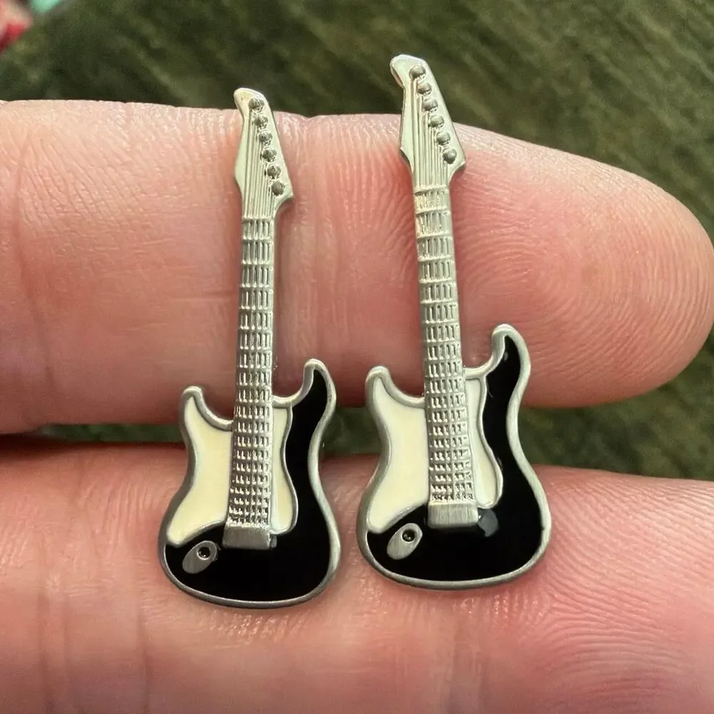 Electric guitar cufflinks  Black White Silver